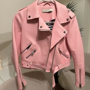 Bubble gum pink Zara Moto faux leather jacket